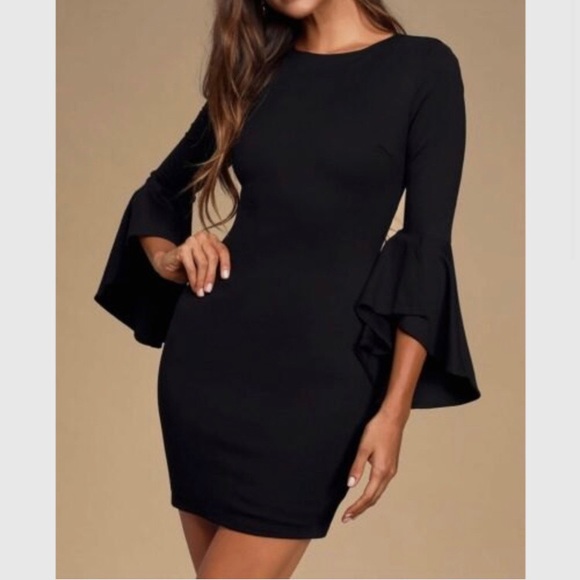LULU’S GIMME SOME FLAIR BLACK FLOUNCE SLEEVE BODYCON DRESS - Picture 7 of 16